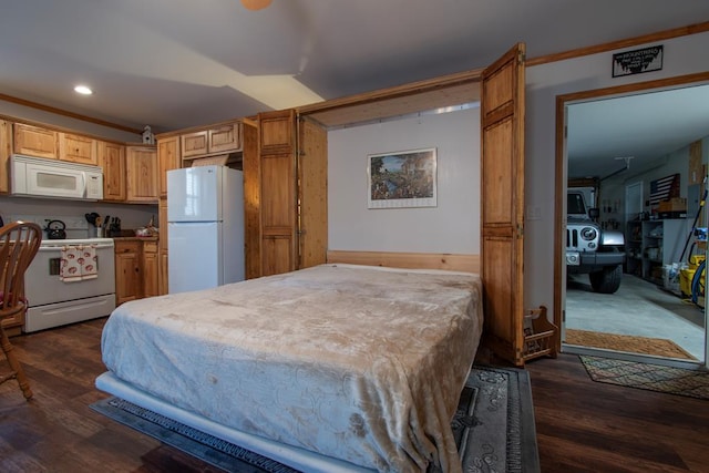 bedroom with dark hardwood / wood-style floors, white refrigerator, and crown molding