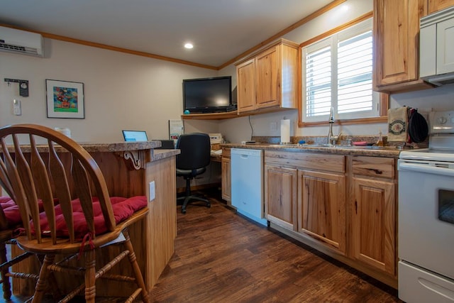 kitchen featuring ornamental molding, a breakfast bar, white appliances, a wall mounted AC, and dark hardwood / wood-style floors