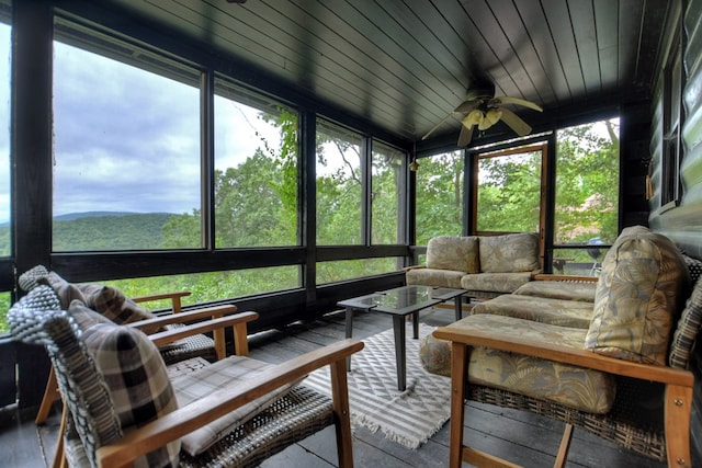 sunroom with wooden ceiling, ceiling fan, and plenty of natural light