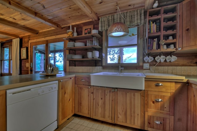 kitchen featuring beamed ceiling, dishwasher, wood ceiling, and sink