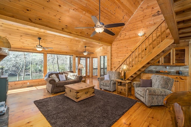 living room featuring wood walls, ceiling fan, light hardwood / wood-style floors, and wooden ceiling