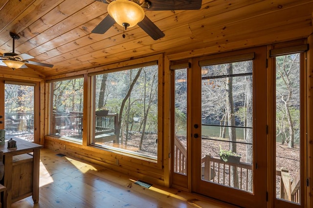 unfurnished sunroom featuring ceiling fan and wood ceiling