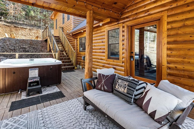 87 Lonesome Dove Path, Blue Ridge, GA 30513 - wooden terrace featuring a hot tub, an outdoor living space, and stairs