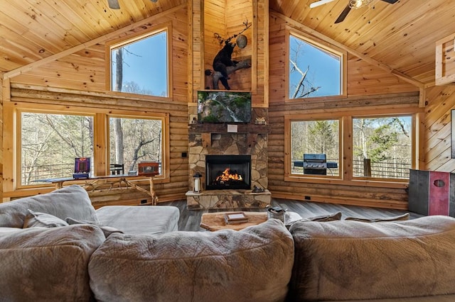 87 Lonesome Dove Path, Blue Ridge, GA 30513 - living room featuring wood ceiling, plenty of natural light, high vaulted ceiling, hardwood / wood-style floors, and ceiling fan