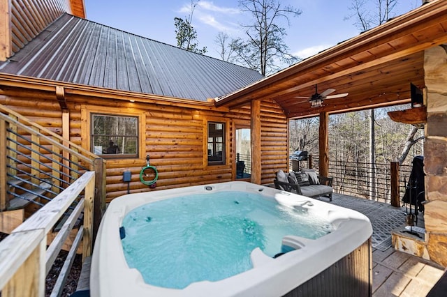 87 Lonesome Dove Path, Blue Ridge, GA 30513 - wooden deck featuring a hot tub, a ceiling fan, and a grill