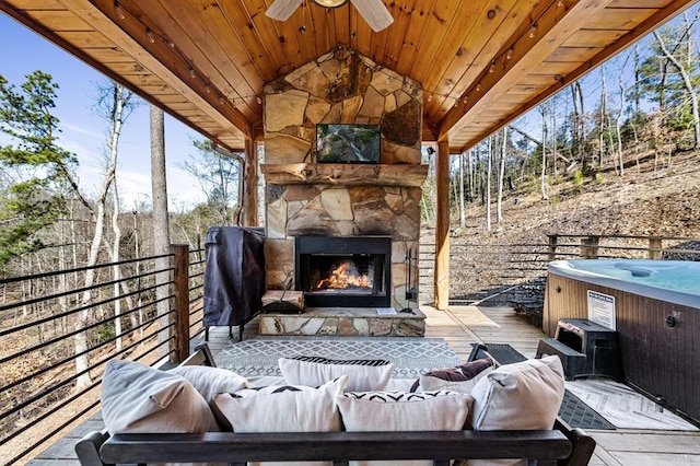 87 Lonesome Dove Path, Blue Ridge, GA 30513 - view of patio featuring a hot tub, an outdoor living space with a fireplace, ceiling fan, and a wooden deck