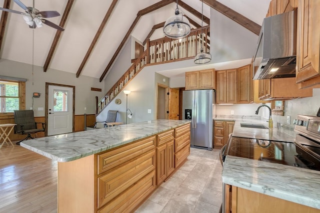 kitchen with stainless steel appliances, a sink, high vaulted ceiling, ventilation hood, and beam ceiling