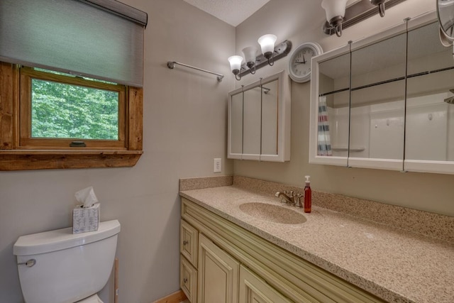 bathroom with toilet, vanity, and a shower with curtain