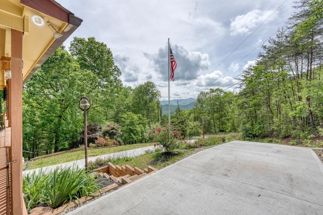 view of patio with a mountain view