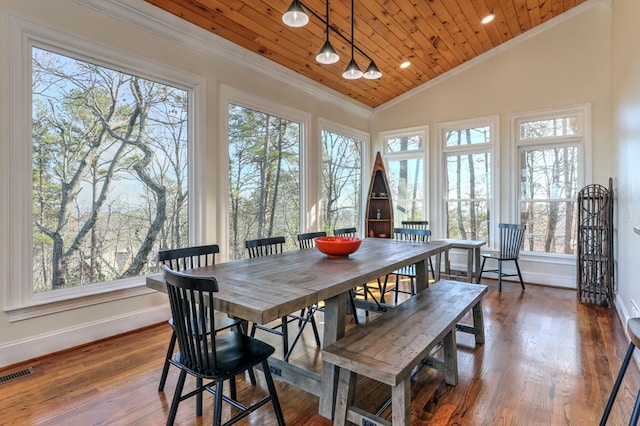 1492 Mcelroy Mountain Dr, Jasper, GA 30143 - dining space with crown molding, plenty of natural light, baseboards, wood ceiling, and vaulted ceiling