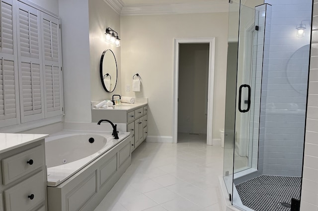 1492 Mcelroy Mountain Dr, Jasper, GA 30143 - full bathroom with a stall shower, vanity, tile patterned floors, crown molding, and a jetted tub