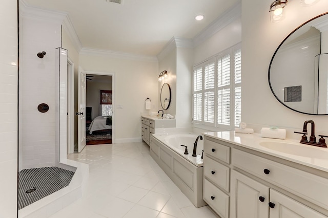1492 Mcelroy Mountain Dr, Jasper, GA 30143 - bathroom featuring ornamental molding, tiled shower, ensuite bath, a bath, and two vanities