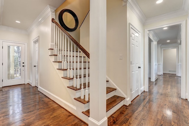 1492 Mcelroy Mountain Dr, Jasper, GA 30143 - entrance foyer featuring crown molding, stairway, dark wood finished floors, baseboards, and recessed lighting