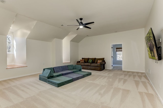 1492 Mcelroy Mountain Dr, Jasper, GA 30143 - living room with light carpet, baseboards, ceiling fan, and lofted ceiling