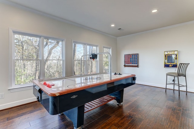 1492 Mcelroy Mountain Dr, Jasper, GA 30143 - game room with ornamental molding, baseboards, dark wood-style flooring, and recessed lighting