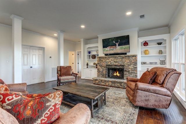 1492 Mcelroy Mountain Dr, Jasper, GA 30143 - living room with ornate columns, crown molding, dark wood-style flooring, plenty of natural light, and recessed lighting