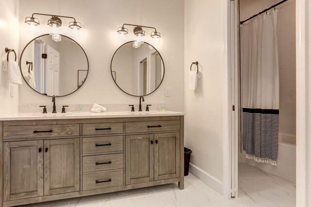 1492 Mcelroy Mountain Dr, Jasper, GA 30143 - full bathroom with marble look tile flooring, double vanity, baseboards, and shower / tub combo with curtain
