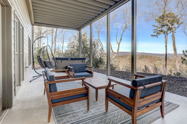 1492 Mcelroy Mountain Dr, Jasper, GA 30143 - sunroom with a jacuzzi, an outdoor living space, and a mountain view