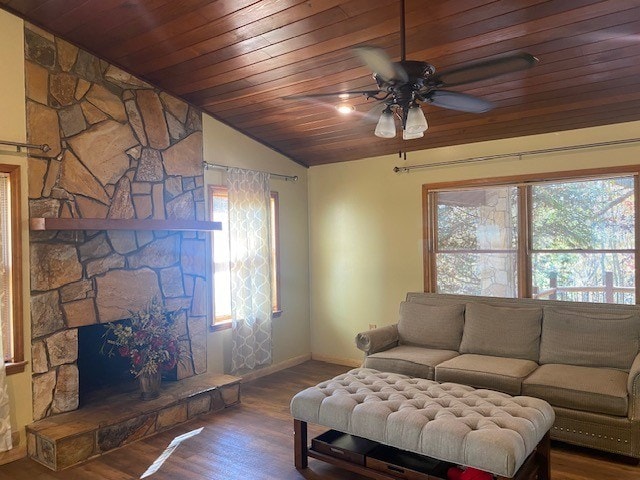 living room featuring wooden ceiling, ceiling fan, lofted ceiling, wood finished floors, and baseboards