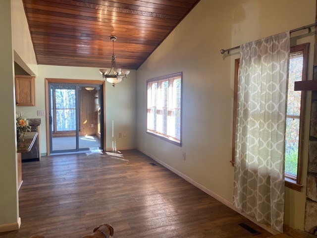 unfurnished dining area featuring lofted ceiling, plenty of natural light, baseboards, wood ceiling, and dark wood-style flooring