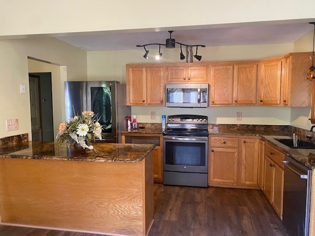 kitchen with a sink, a peninsula, stainless steel appliances, dark stone counters, and dark wood finished floors