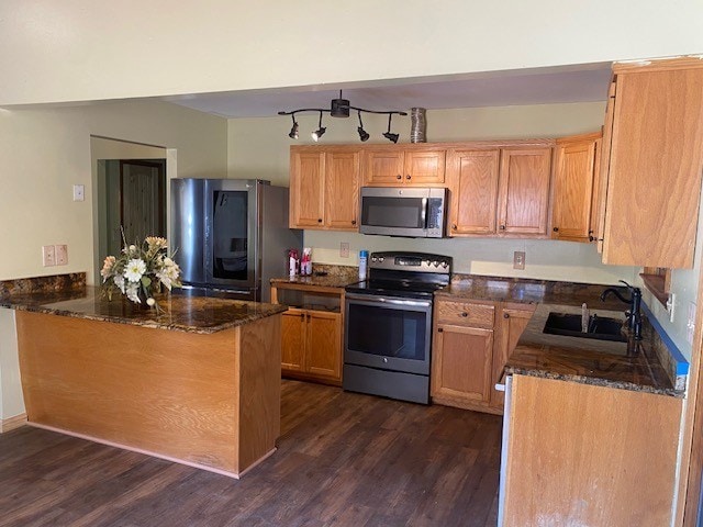 kitchen with a peninsula, appliances with stainless steel finishes, dark wood-style flooring, and a sink