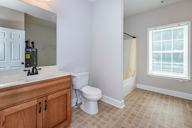 410 N Sharp Mountain Church Ln, Ball Ground, GA 30107 - full bathroom with vanity, baseboards, toilet, and shower / bathtub combination with curtain