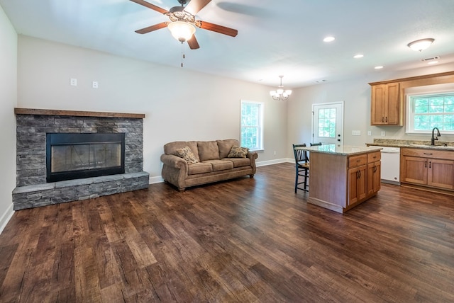 410 N Sharp Mountain Church Ln, Ball Ground, GA 30107 - kitchen featuring white dishwasher, open floor plan, a breakfast bar, dark wood-style floors, and a ceiling fan