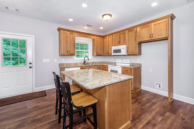 410 N Sharp Mountain Church Ln, Ball Ground, GA 30107 - kitchen with white appliances, dark wood-style floors, light stone counters, baseboards, and recessed lighting