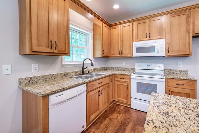 410 N Sharp Mountain Church Ln, Ball Ground, GA 30107 - kitchen with white appliances, a sink, dark wood finished floors, recessed lighting, and light stone countertops