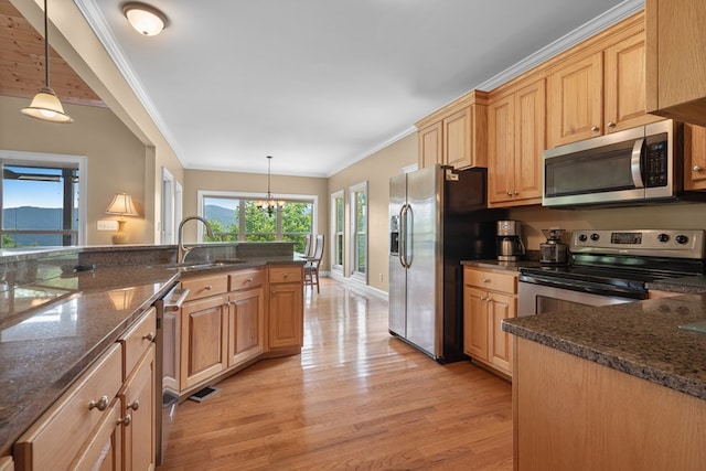 301 Shadow Mountain Rd, Dillard, GA 30537 - kitchen featuring appliances with stainless steel finishes, a sink, light wood-type flooring, crown molding, and hanging light fixtures