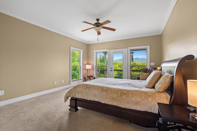 301 Shadow Mountain Rd, Dillard, GA 30537 - carpeted bedroom with access to outside, baseboards, multiple windows, crown molding, and ceiling fan