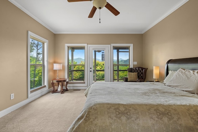 301 Shadow Mountain Rd, Dillard, GA 30537 - bedroom featuring access to exterior, crown molding, carpet floors, baseboards, and a ceiling fan