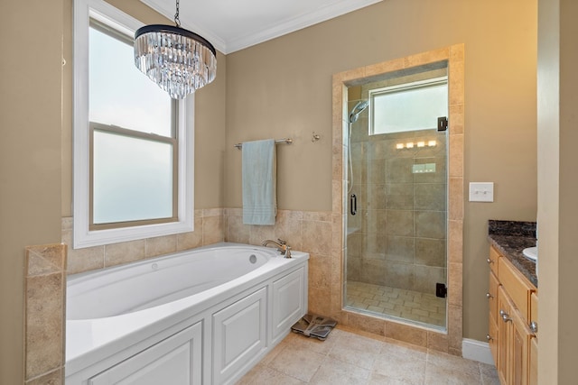 301 Shadow Mountain Rd, Dillard, GA 30537 - full bathroom with a bath, vanity, a stall shower, a chandelier, and tile patterned floors