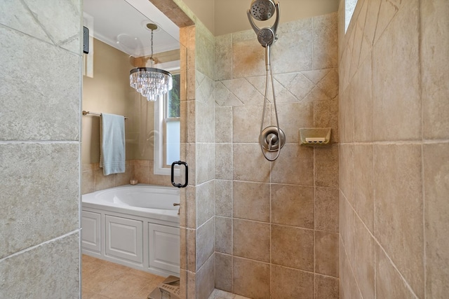 301 Shadow Mountain Rd, Dillard, GA 30537 - full bath featuring a shower stall, a chandelier, a garden tub, tile patterned floors, and crown molding