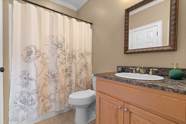 301 Shadow Mountain Rd, Dillard, GA 30537 - bathroom with crown molding, vanity, toilet, tile patterned flooring, and a shower with shower curtain