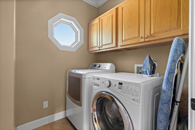 301 Shadow Mountain Rd, Dillard, GA 30537 - washroom featuring cabinet space, independent washer and dryer, crown molding, and baseboards