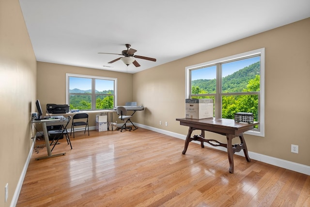301 Shadow Mountain Rd, Dillard, GA 30537 - home office featuring light wood-style floors, baseboards, and a ceiling fan