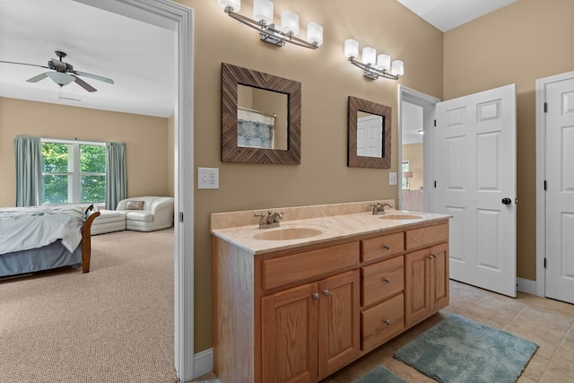 301 Shadow Mountain Rd, Dillard, GA 30537 - full bath featuring connected bathroom, double vanity, ceiling fan, and tile patterned floors