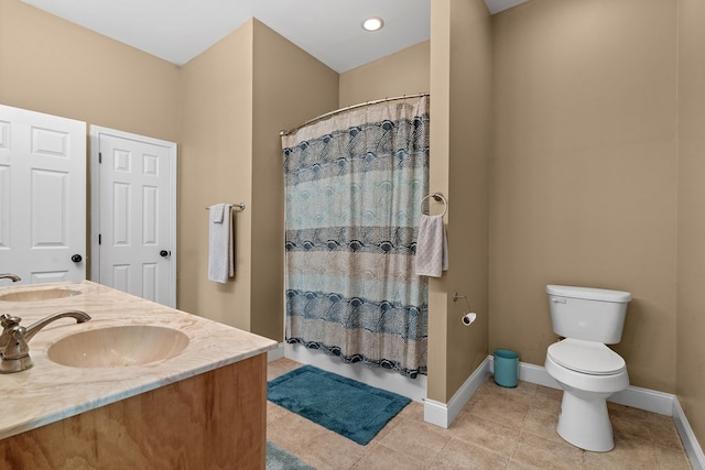 301 Shadow Mountain Rd, Dillard, GA 30537 - bathroom with tile patterned flooring, toilet, baseboards, double vanity, and a shower with shower curtain