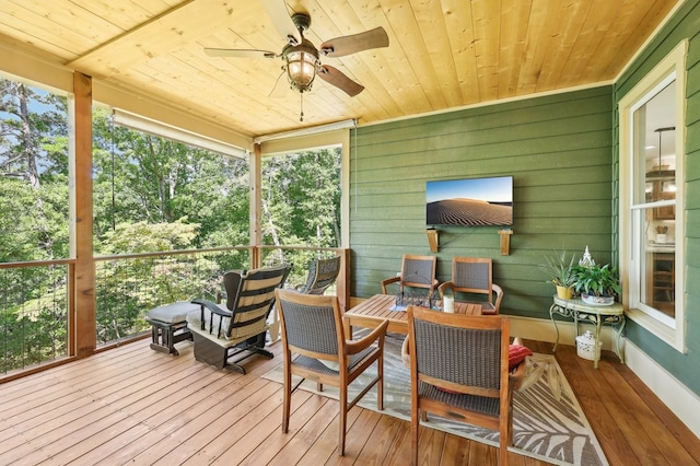 sunroom with ceiling fan and wooden ceiling