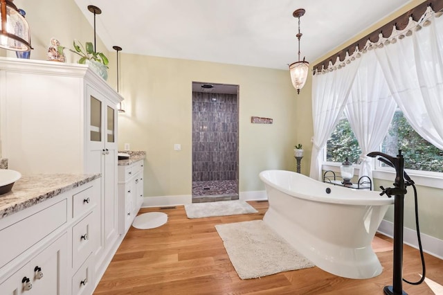 bathroom featuring plus walk in shower, hardwood / wood-style flooring, and vanity