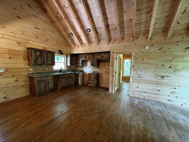 65 Christopher Dr, Ellijay, GA 30540 - kitchen with dark wood-style floors, a sink, wooden walls, wooden ceiling with exposed beams, and high vaulted ceiling