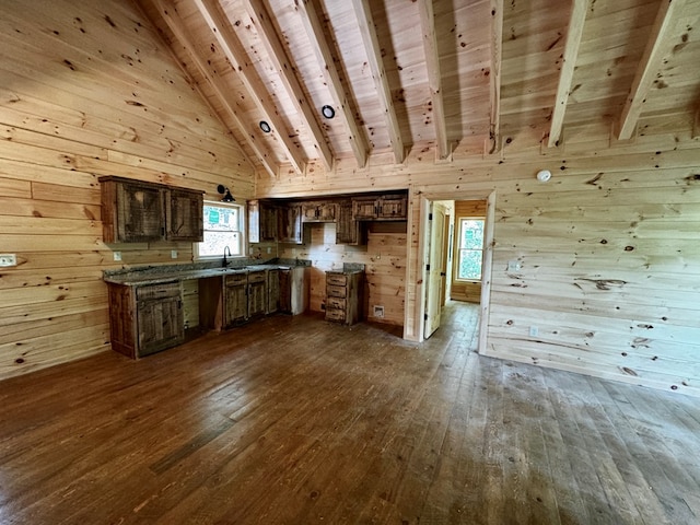 65 Christopher Dr, Ellijay, GA 30540 - kitchen featuring dark wood-style floors, a sink, wood walls, wooden ceiling with exposed beams, and high vaulted ceiling