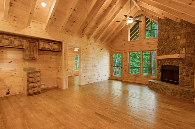 65 Christopher Dr, Ellijay, GA 30540 - unfurnished living room featuring light wood-type flooring, a ceiling fan, a fireplace, wooden walls, and high vaulted ceiling