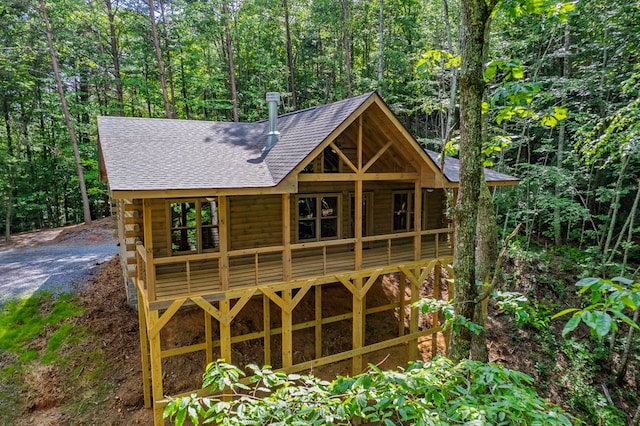 65 Christopher Dr, Ellijay, GA 30540 - back of house featuring roof with shingles, log exterior, and a forest view