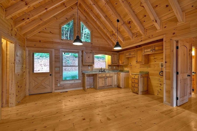 kitchen featuring a wealth of natural light, light wood-type flooring, and wood ceiling