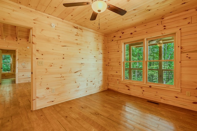 65 Christopher Dr, Ellijay, GA 30540 - empty room featuring light wood-style floors, wooden walls, wood ceiling, and a ceiling fan