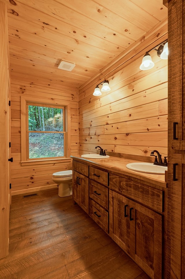 65 Christopher Dr, Ellijay, GA 30540 - bathroom featuring hardwood / wood-style floors, double vanity, wooden walls, and wooden ceiling