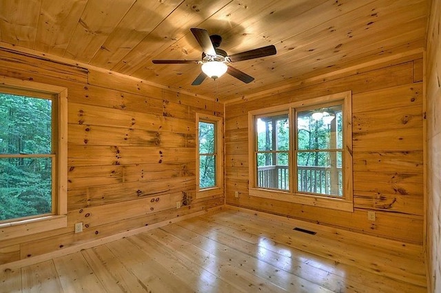 spare room featuring wooden ceiling, wooden walls, wood-type flooring, and a ceiling fan